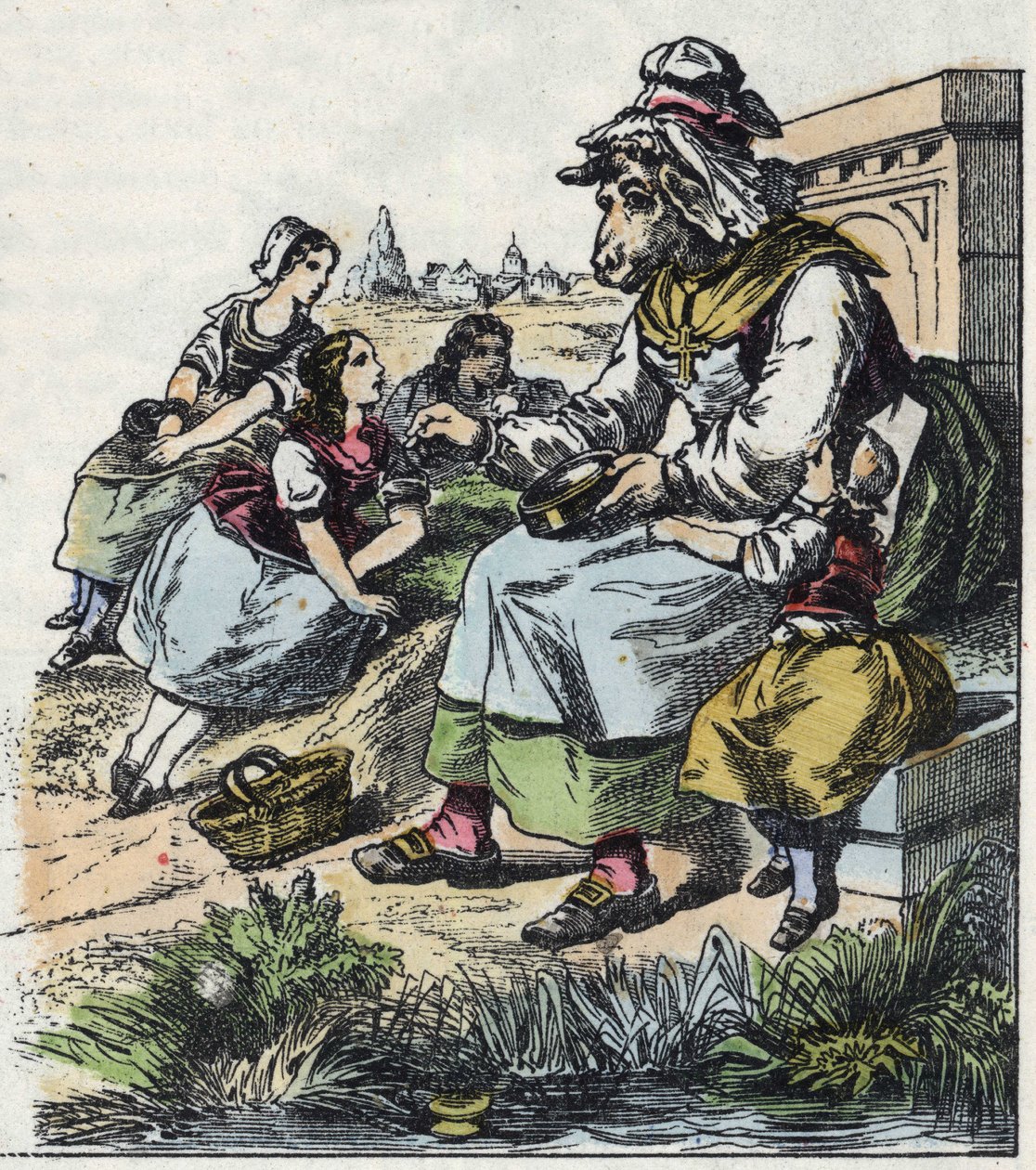 Illustration av berättelsen "God mamma får"". I "" Sagor från hemmet för de minsta"". Anonym gravyr från 1800-talet. av Unknown artist