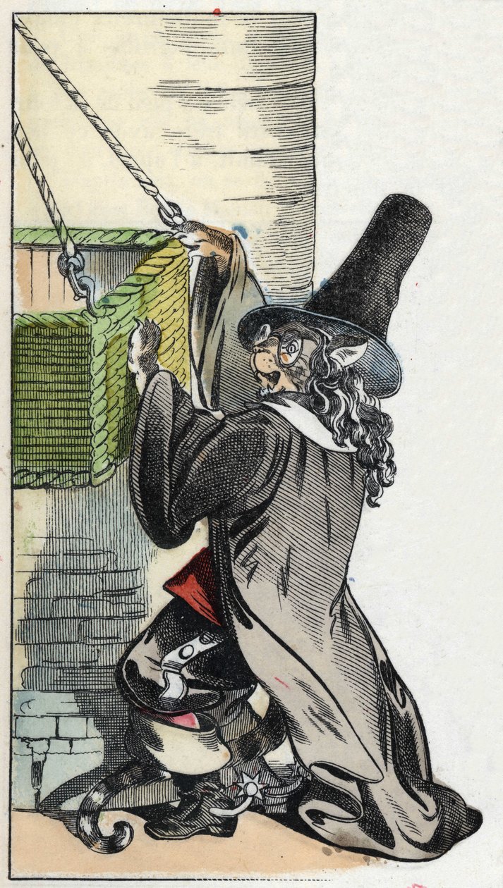 Illustration av berättelsen "Den fruktansvärda Raminagrobis och mössen""" karaktär ritar fabler av Jean de la Fontaine. I "" Sagor från hemmet för de minsta"". Anonym gravyr från 1800-talet. av Unknown artist