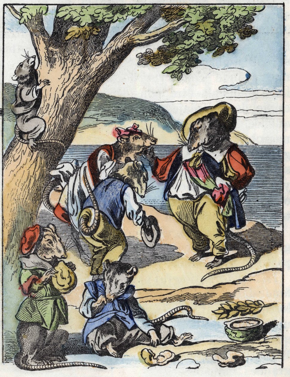 Illustration av berättelsen "Den fruktansvärda Raminagrobis och mössen""" karaktär ritar fabler av Jean de la Fontaine. I "" Sagor från hemmet för de minsta"". Anonym gravyr från 1800-talet. av Unknown artist