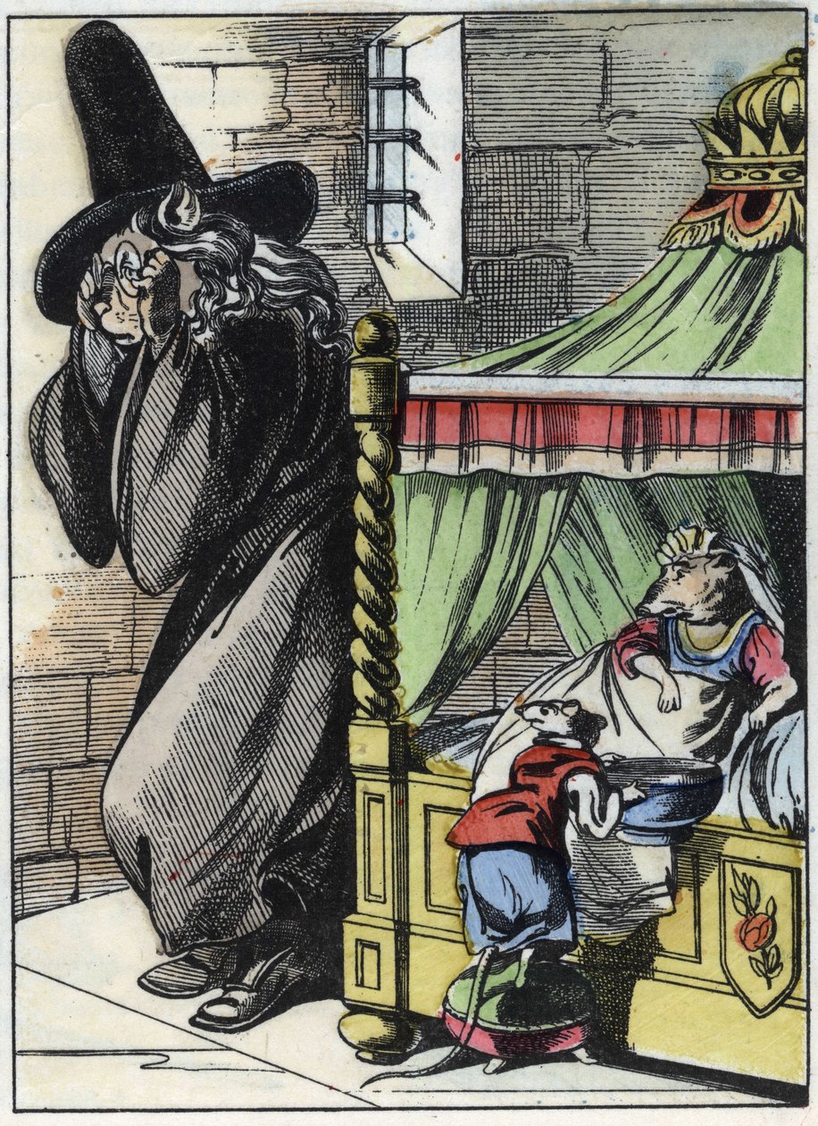 Illustration av berättelsen "Den fruktansvärda Raminagrobis och mössen""" karaktär ritar fabler av Jean de la Fontaine. I "" Sagor från hemmet för de minsta"". Anonym gravyr från 1800-talet. av Unknown artist