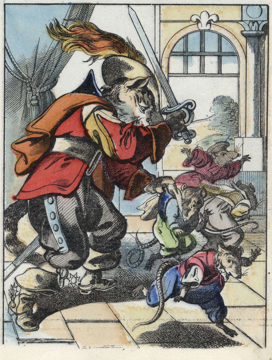 Illustration av berättelsen "Den fruktansvärda Raminagrobis och mössen""" karaktär ritar fabler av Jean de la Fontaine. I "" Sagor från hemmet för de minsta"". Anonym gravyr från 1800-talet. av Unknown artist