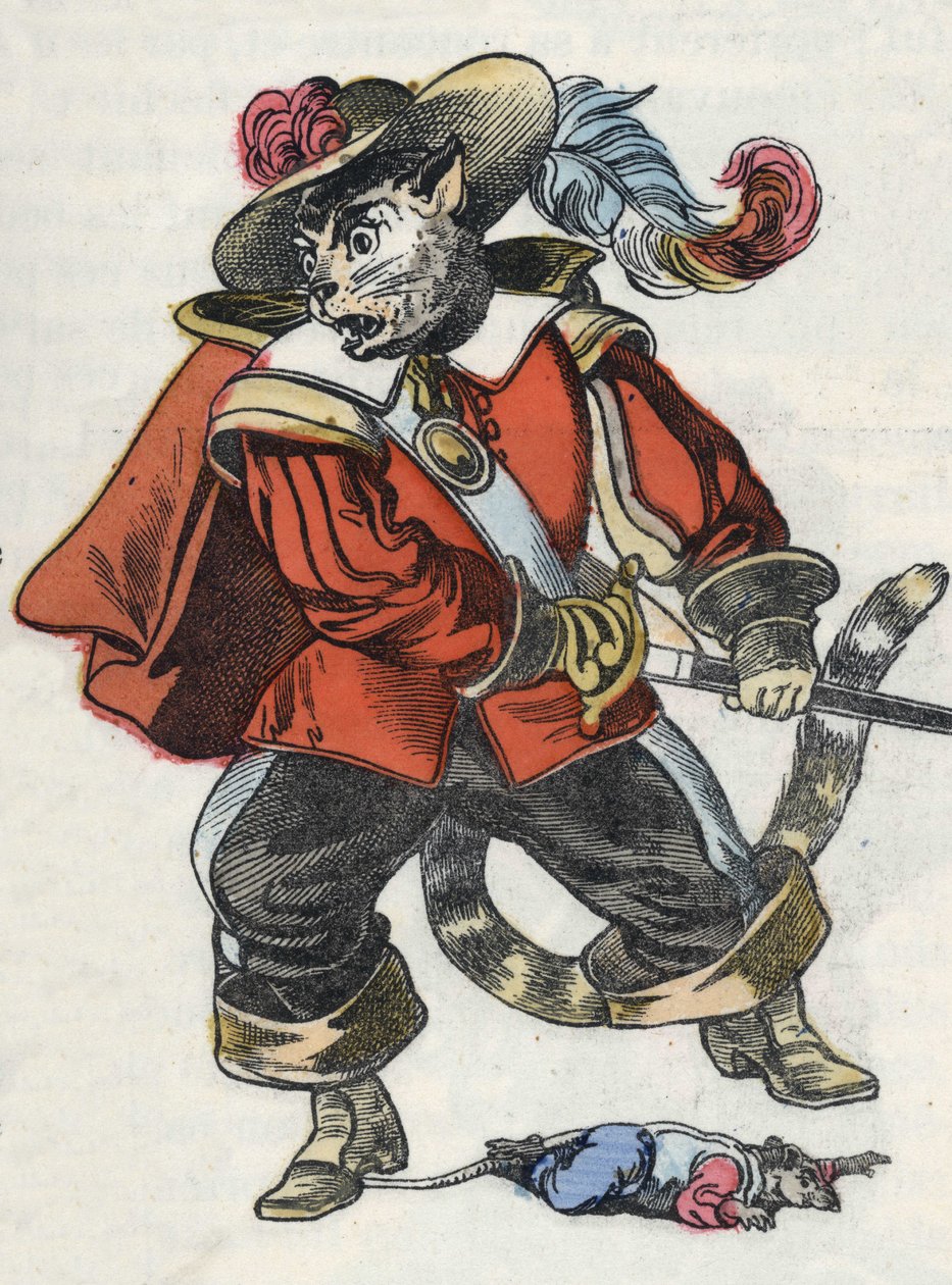 Illustration av berättelsen "Den fruktansvärda Raminagrobis och mössen""" karaktär ritar fabler av Jean de la Fontaine. I "" Sagor från hemmet för de minsta"". Anonym gravyr från 1800-talet. av Unknown artist