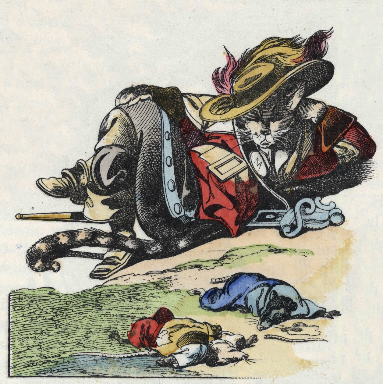Illustration av berättelsen "Den fruktansvärda Raminagrobis och mössen""" karaktär ritar fabler av Jean de la Fontaine. I "" Sagor från hemmet för de minsta"". Anonym gravyr från 1800-talet. av Unknown artist