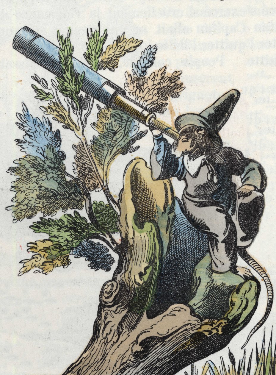 Illustration av berättelsen "Den fruktansvärda Raminagrobis och mössen""" karaktär ritar fabler av Jean de la Fontaine. I "" Sagor från hemmet för de minsta"". Anonym gravyr från 1800-talet. av Unknown artist