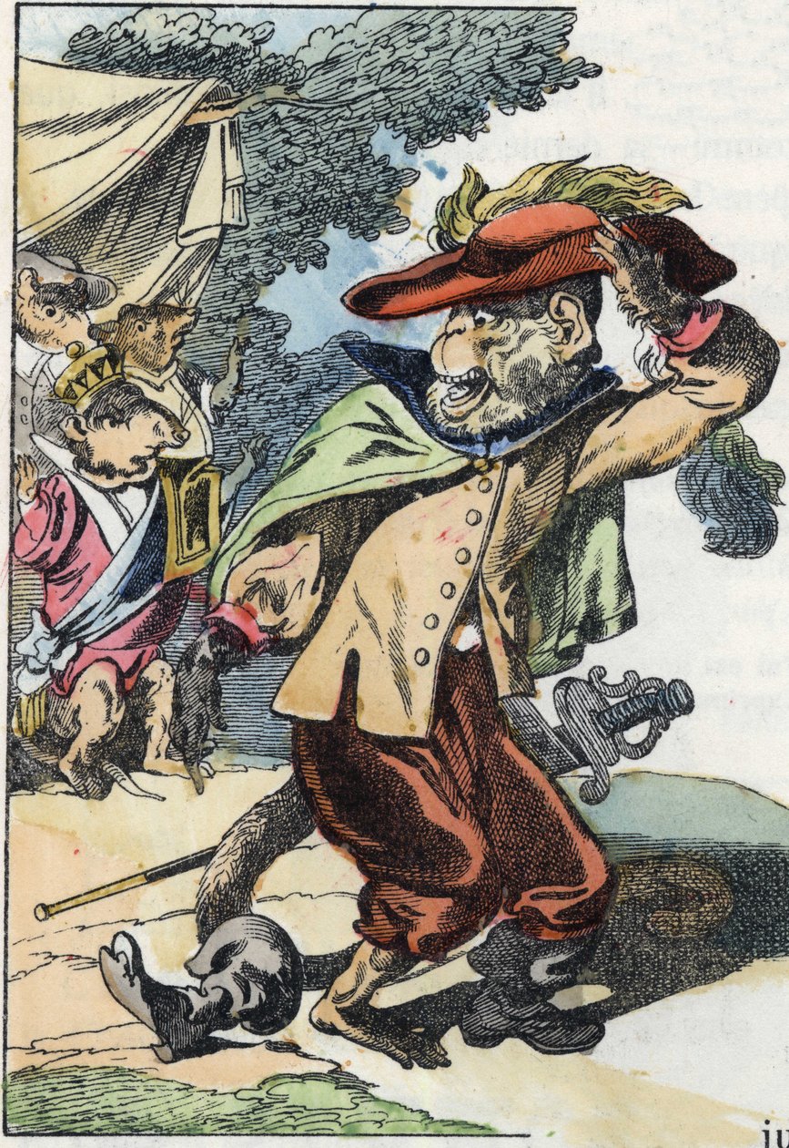 Illustration av berättelsen "Den fruktansvärda Raminagrobis och mössen""" karaktär ritar fabler av Jean de la Fontaine. I "" Sagor från hemmet för de minsta"". Anonym gravyr från 1800-talet. av Unknown artist