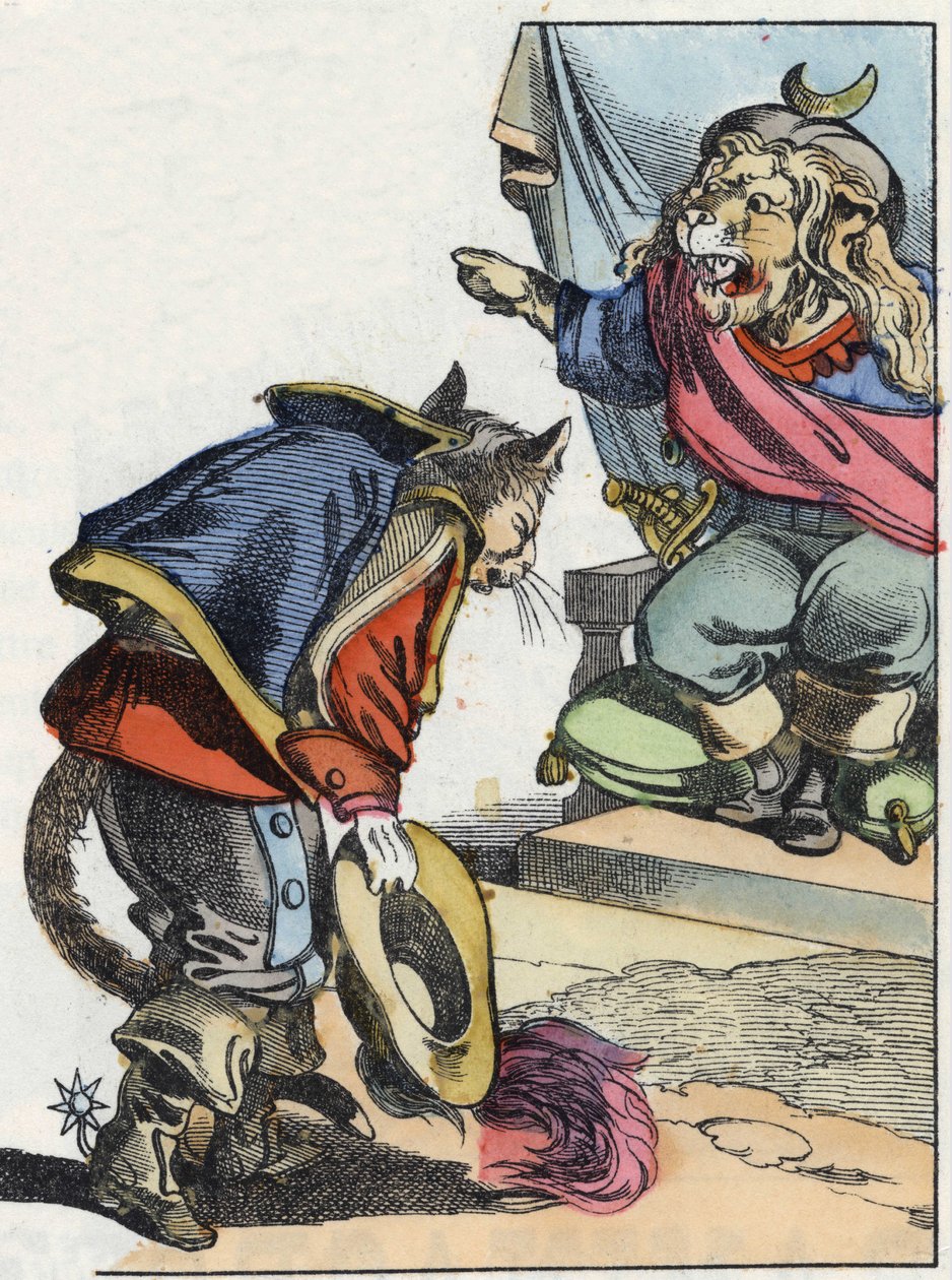 Illustration av berättelsen "Den fruktansvärda Raminagrobis och mössen""" karaktär ritar fabler av Jean de la Fontaine. I "" Sagor från hemmet för de minsta"". Anonym gravyr från 1800-talet. av Unknown artist