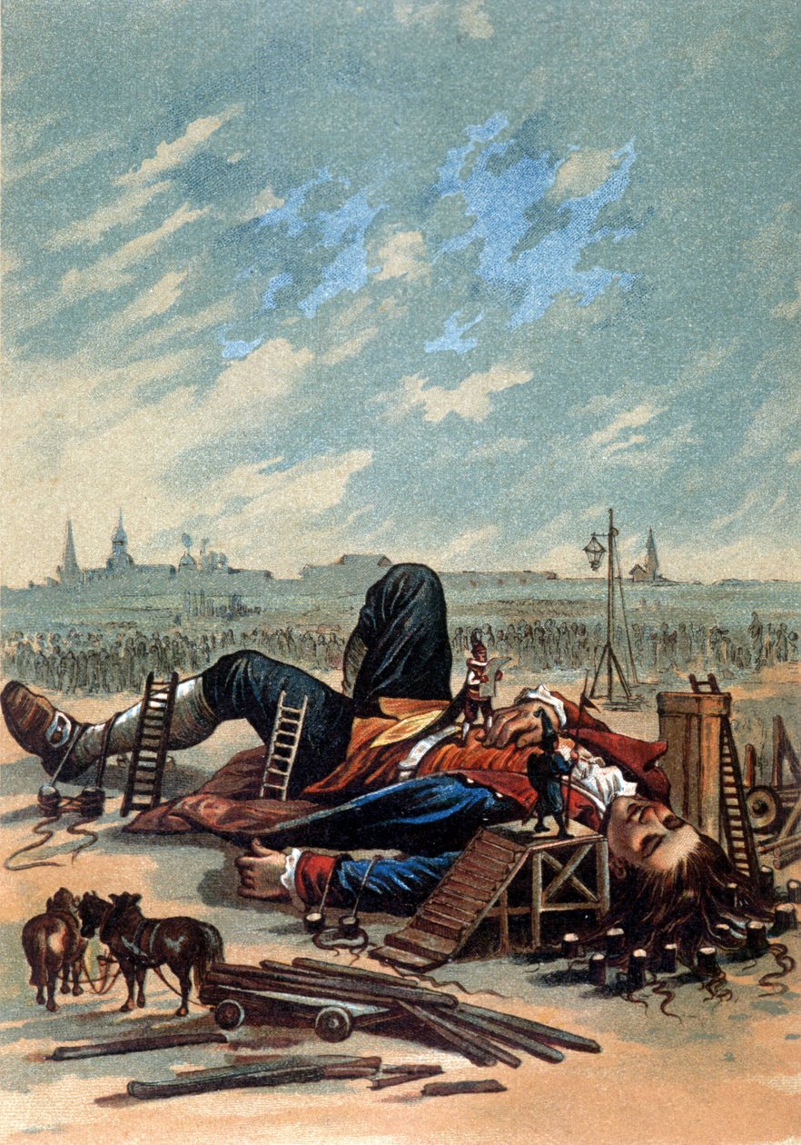 Illustration som visar Lilliputians som fäster Gulliver. Kromolitografi, sd. Sent 1800-tal. av Unknown artist