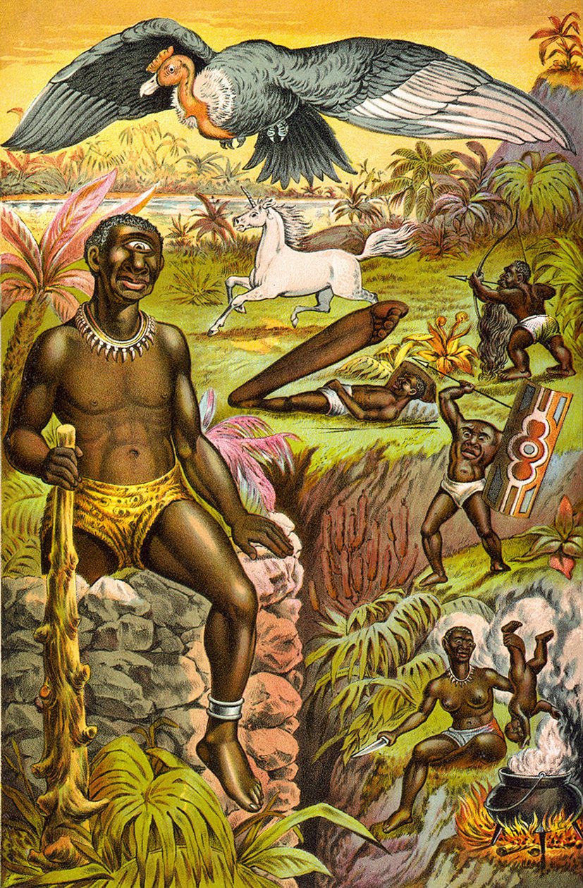 Illustration med imaginära monster från Afrika med titeln "" Afrikansk vidskepelse illustrerad"" (cyklop, enhörning...), cirka 1889. av Unknown artist
