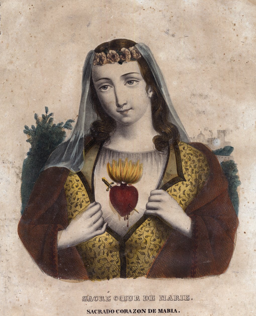 Marias obefläckade hjärta - Religiös bild av Marias heliga hjärta - gravyr från 1800-talet - Sagrado corazon av Maria - Inmaculado Corazon av Maria - av Unknown artist