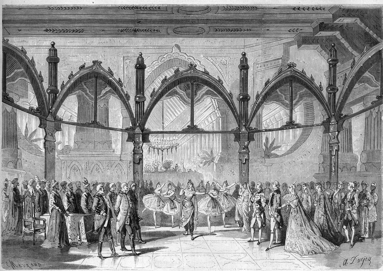 Imperial Theatre of the Comic Opera: Scen IV, akt II av operan "The First Day of Happiness"" av Daniel Francois Esprit Auber (1782-1871). Gravyr i "" The Illustrious Universe"" av Unknown artist