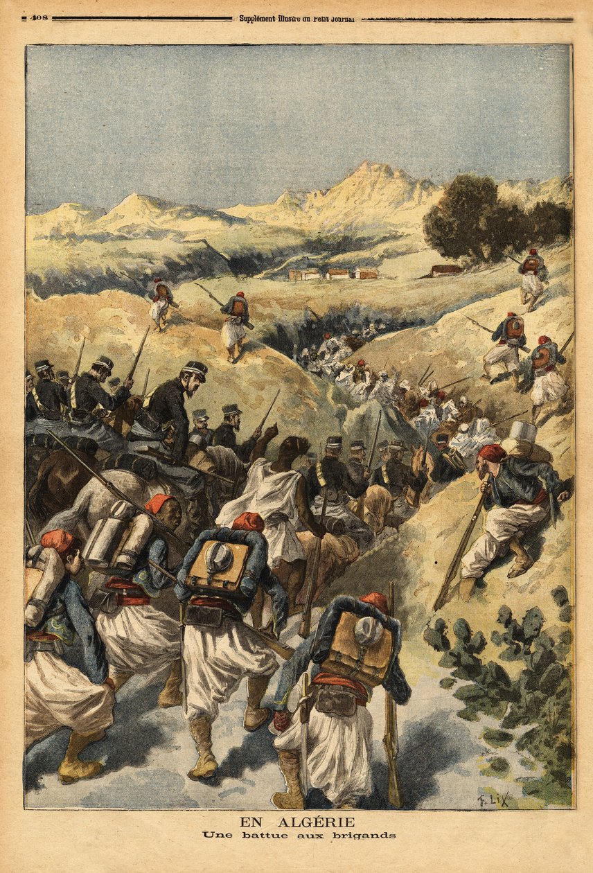 I Algeriet, en bataljon organiserad av en hel bataljon Zouaves, förstärkt av kavalleriet, för att fånga Areski ben Bashir, tre gånger dömd till döden av Algeriets domstol. Gravyr i "" Le petit journal"" 1893-12-23. Selvas samling. av Unknown artist