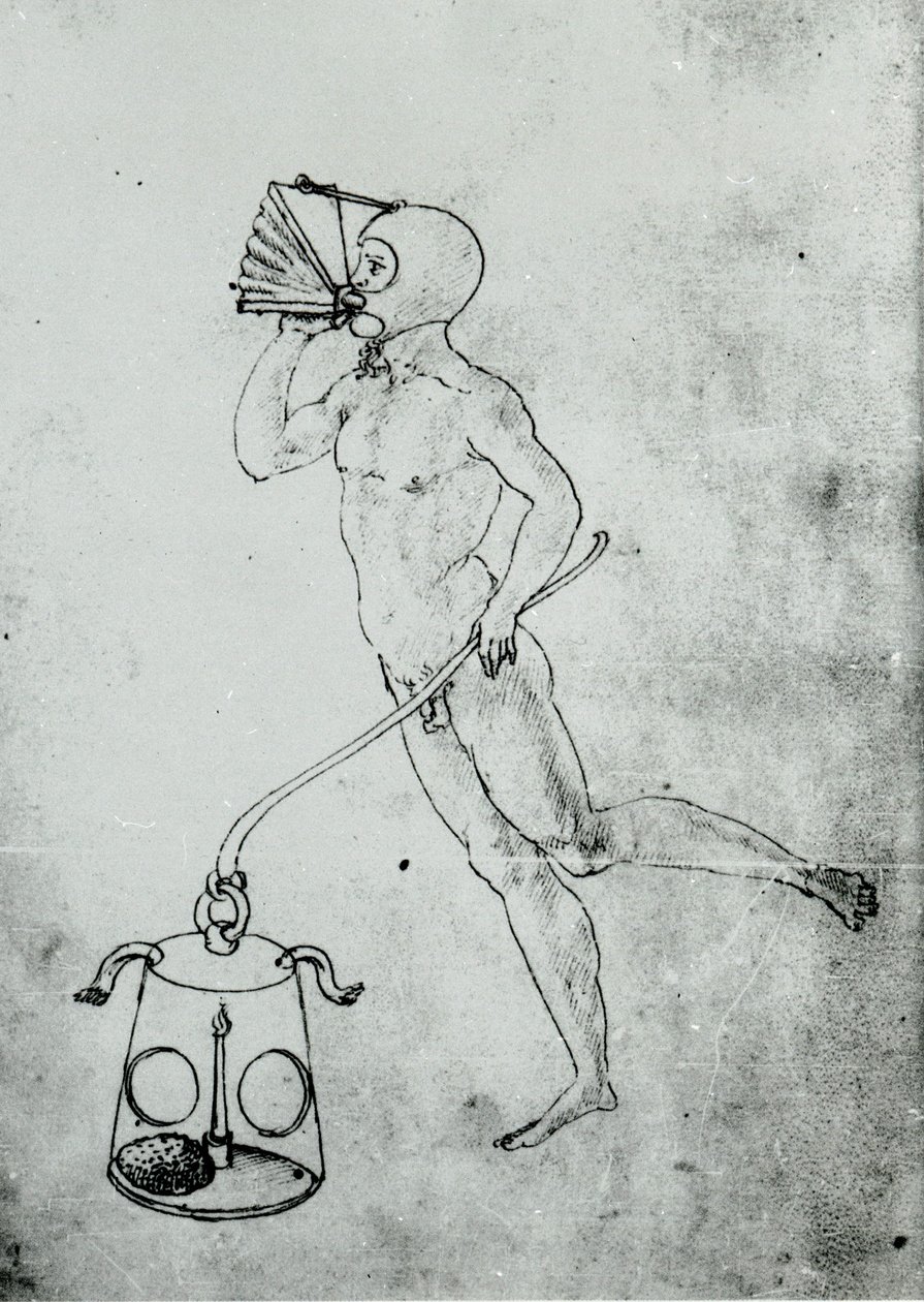 I en volym av Francesco di Giorgio förekommer denna teckning som föreställer en bälg för att andas under vattnet av Unknown artist