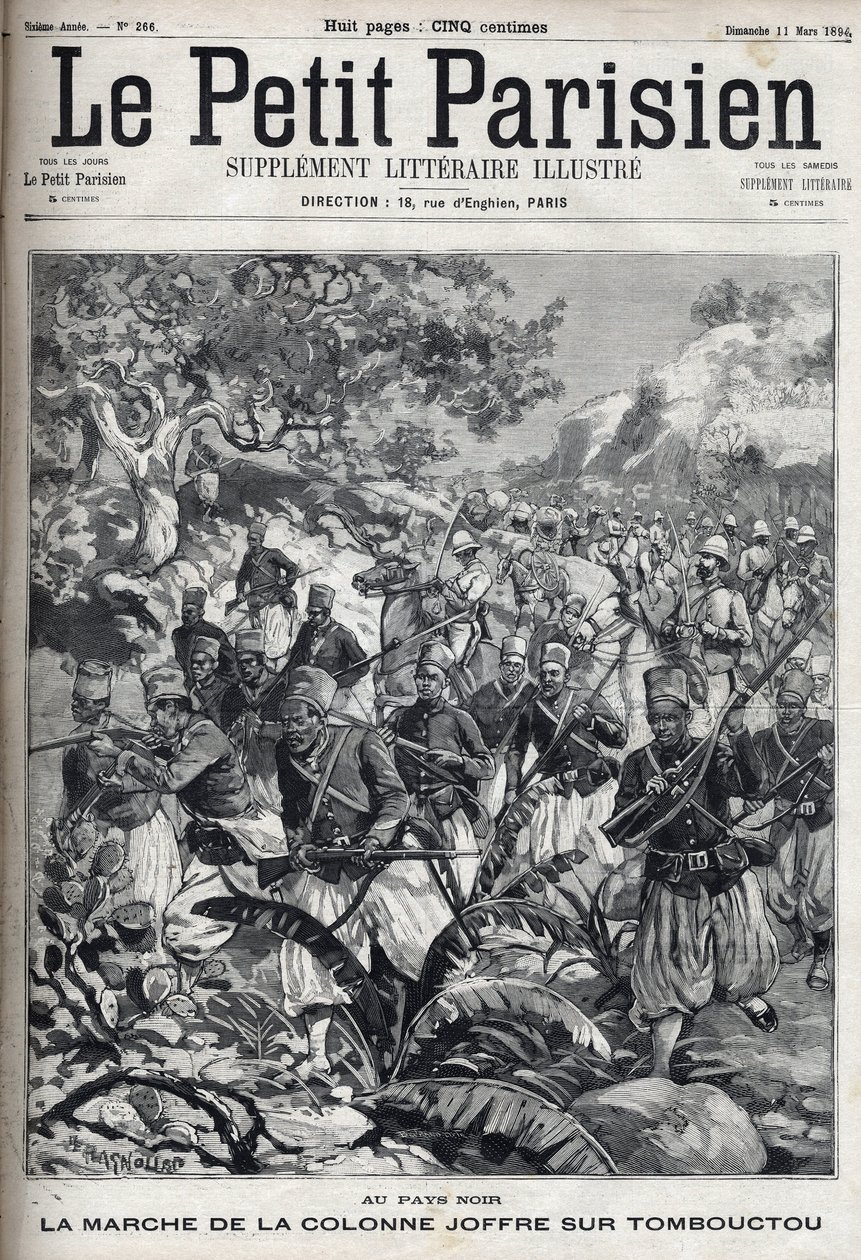 I de franska kolonierna: marschen av general Joseph Joffres kolumn (1852-1931) och hans armé av spahis mot Timbuktu (Mali). Gravyr i "" Le Parisien"" av Unknown artist