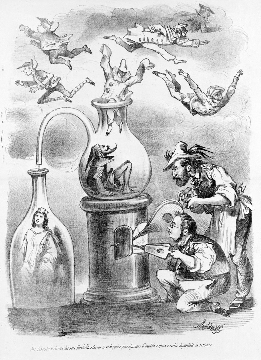 I associerade Garibaldi e Cavours alkemilaboratorium ser vi gradvis skingra den onödiga ångan (representerad av maskerna i de italienska regionerna), och förblir substansen (Italien) karikatyren i den satiriska tidningen Il Fischietto av Unknown artist