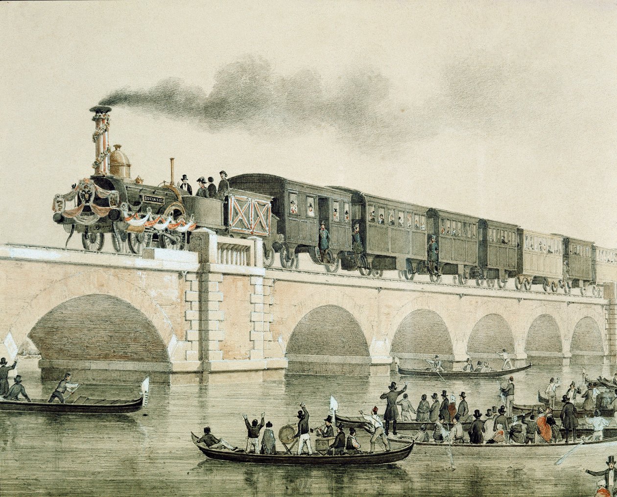 Invigning av bron över lagunen i Venedig för att förbinda staden med kontinenten (Litografi av Unknown artist