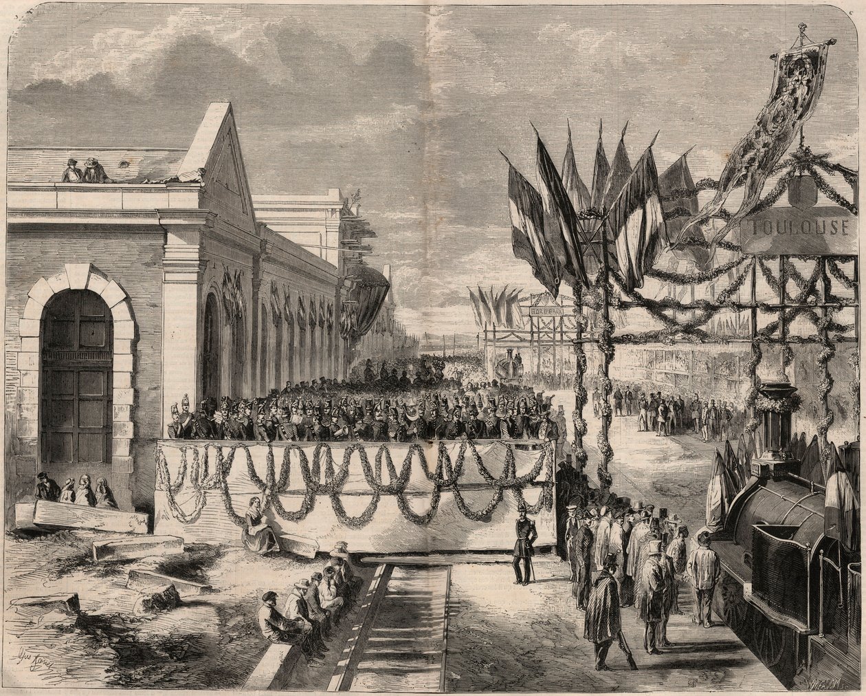 Invigning av järnvägen från Toulouse till Sete 1857. Gravyr i "Le Monde illustrious"" från 1857. Privat samling. av Unknown artist