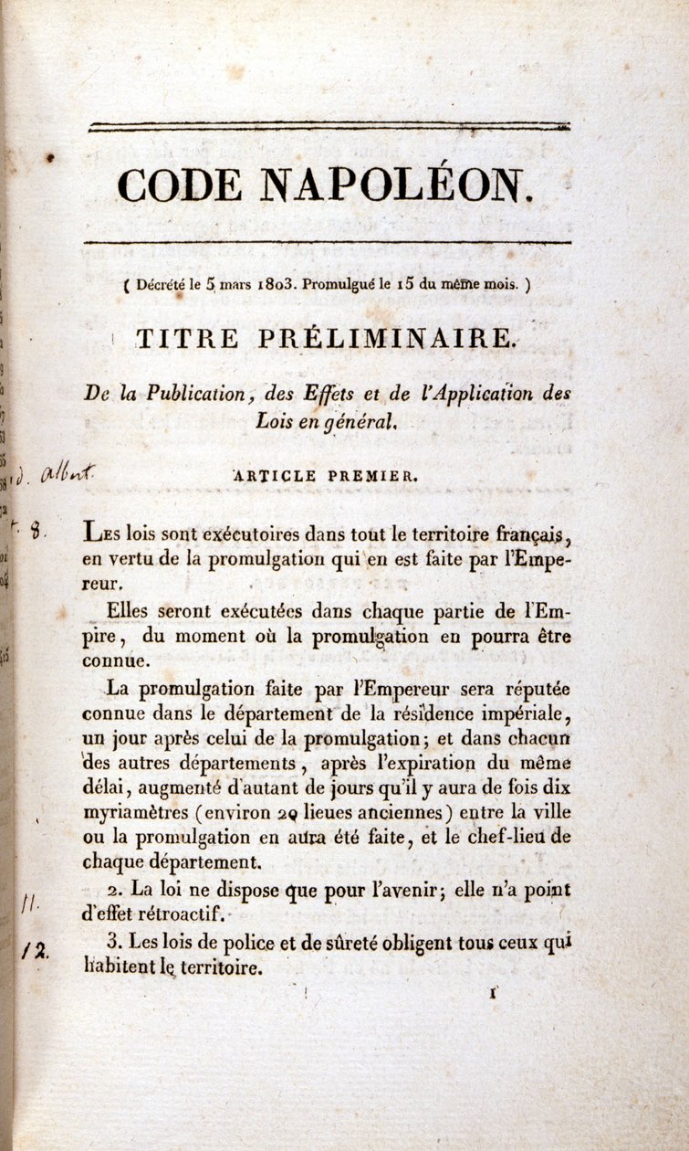 Incipit av Napoleonkodexen (civillagen). av Unknown artist