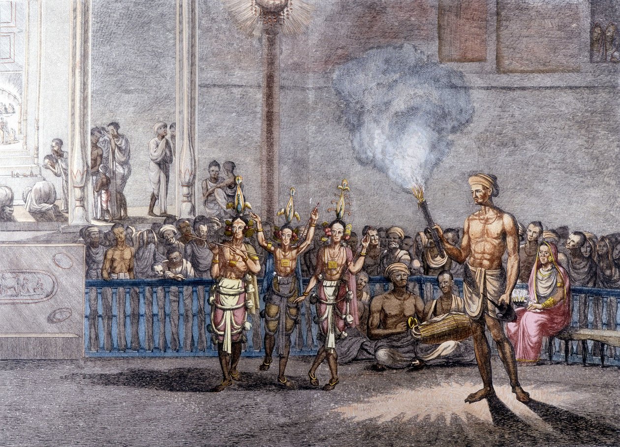 Indisk kultur och civilisation: Dans för att hedra Krishna (Krisna eller Krsna) Brahmans gudom i Indien. Gravyr 1808. av Unknown artist