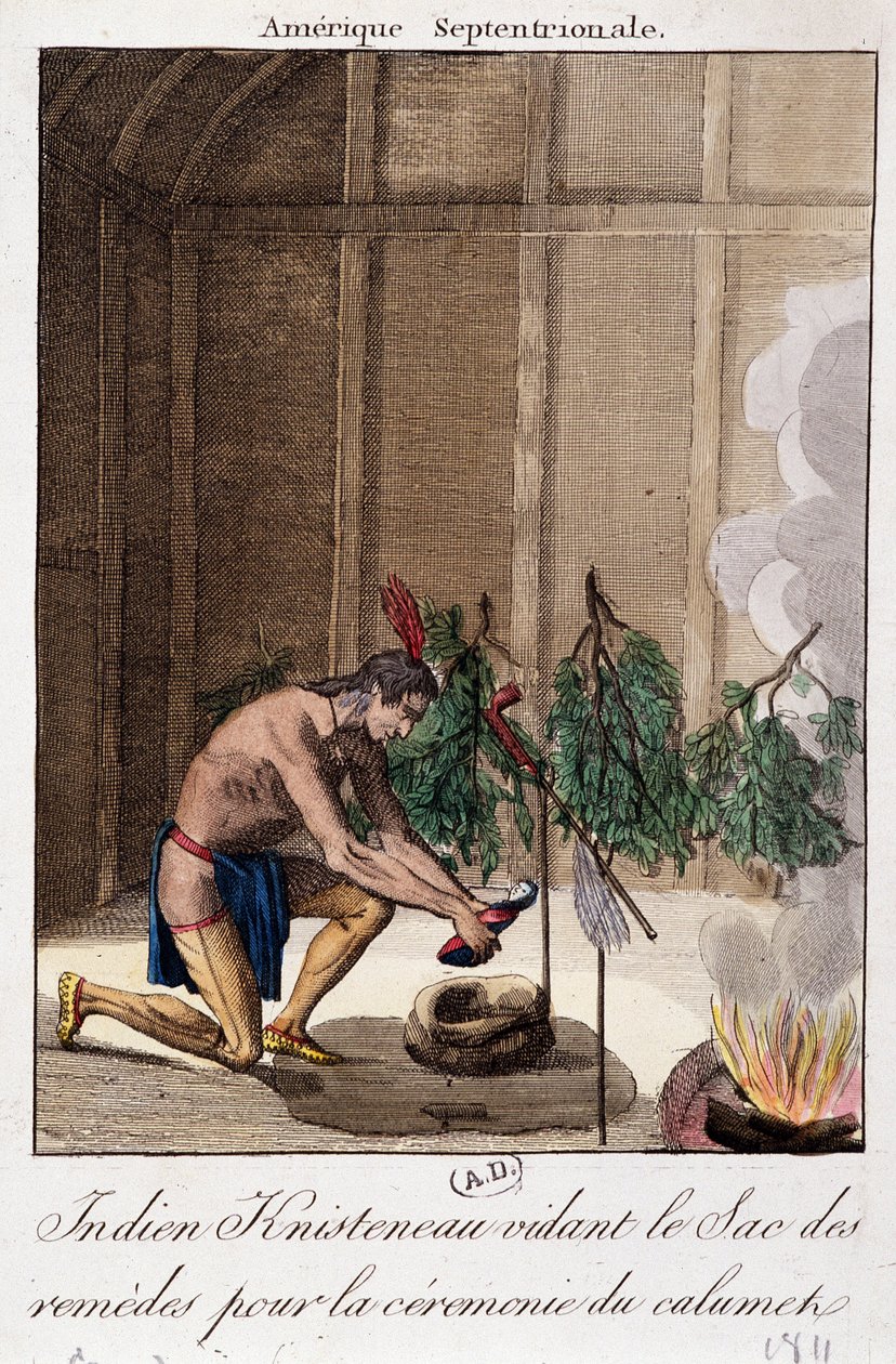 Indiska Knisteneau tömmer påsen med remedier för calumet-ceremonin av Unknown artist