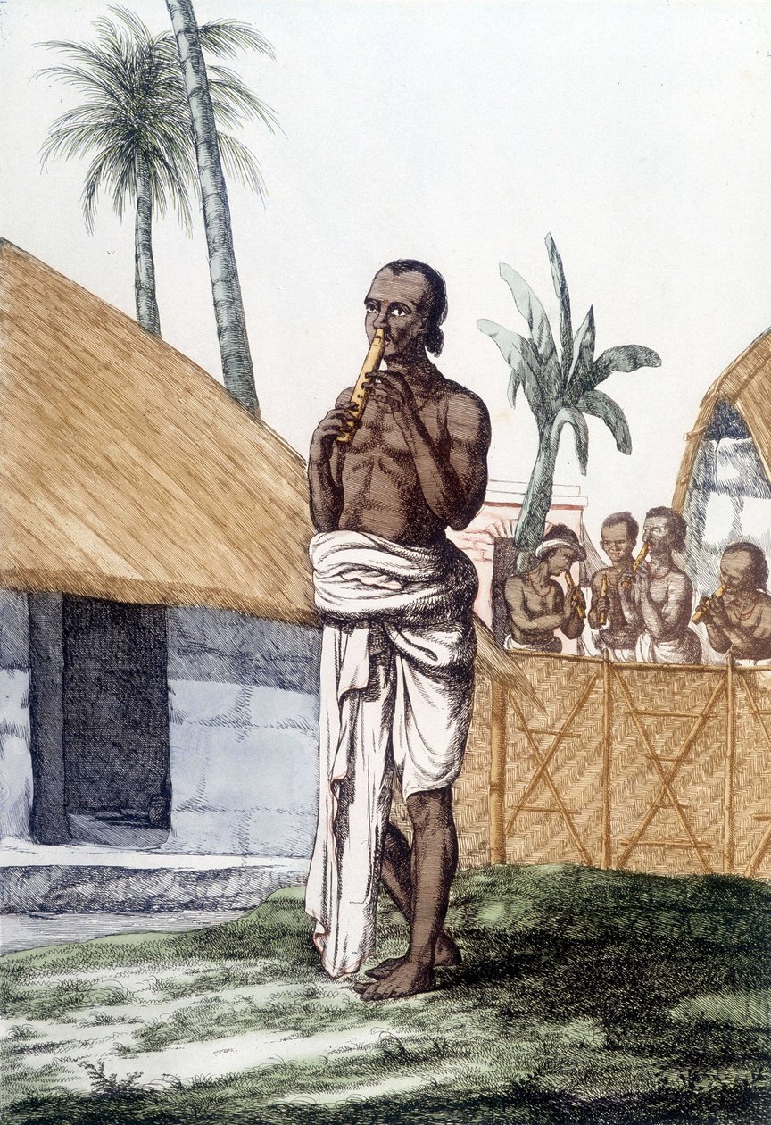 Indisk kultur och civilisation: musiker som spelar bansuri-flöjt, traditionellt musikinstrument, Indien. Gravyr 1808. av Unknown artist
