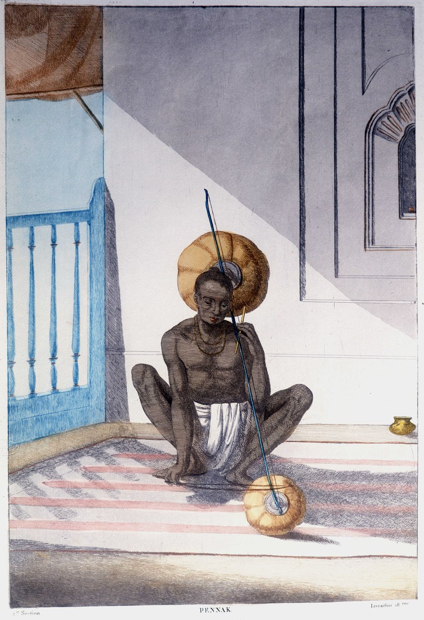Indisk kultur, civilisation och samhälle: musiker med traditionellt indiskt stråkinstrument. Gravyr från 1808. av Unknown artist