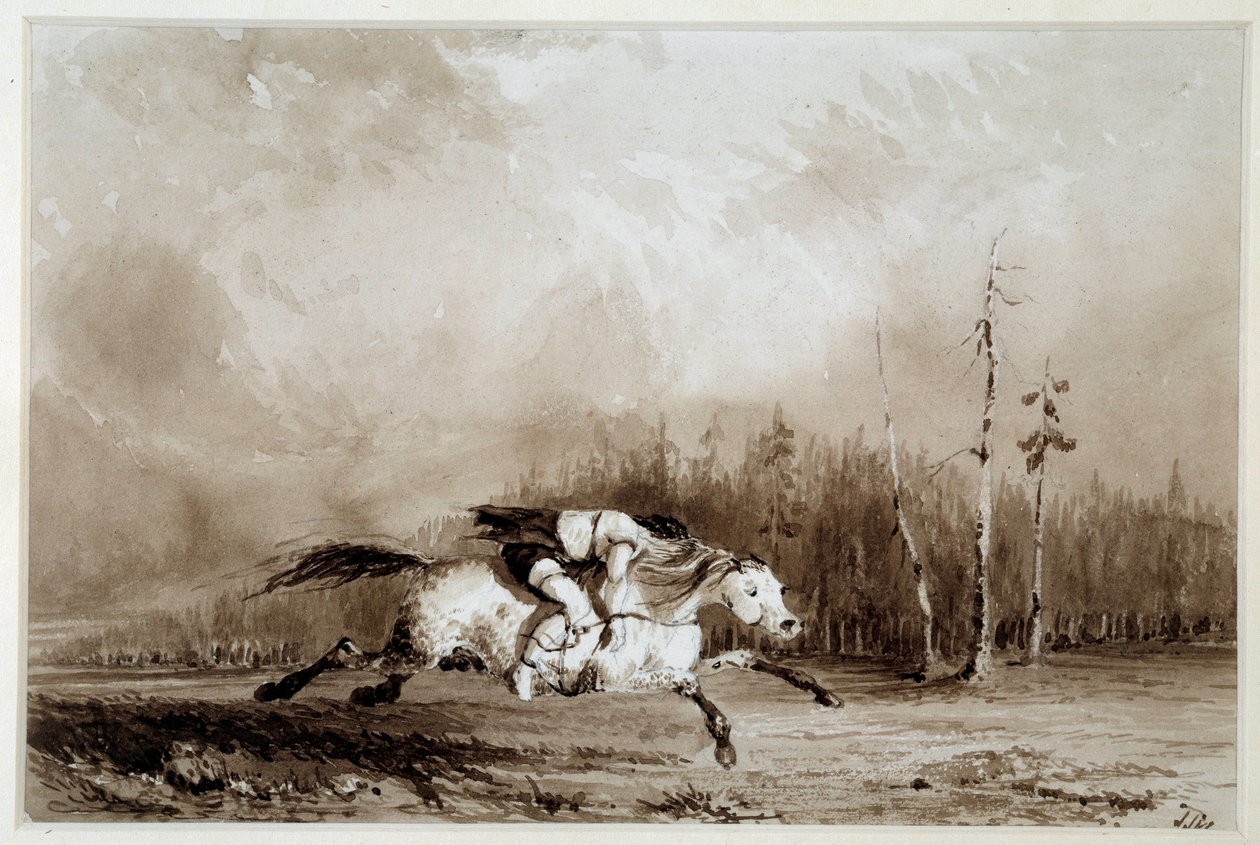 Indian of America: "" En häst i galopp som bär en man bunden"" Anonym teckning. 1800-talets La Rochelle, Musee du Nouveau Monde av Unknown artist