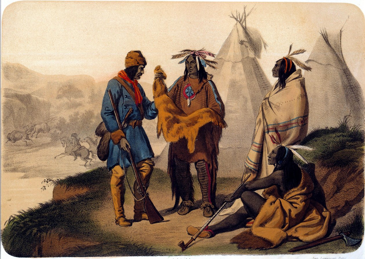 Indians of America: en fångare som byter med röda skinn, de byter betskinn, en av indianerna röker en bläckfisk. 1800-talslitografi La Rochelle, Musee du Nouveau Monde av Unknown artist