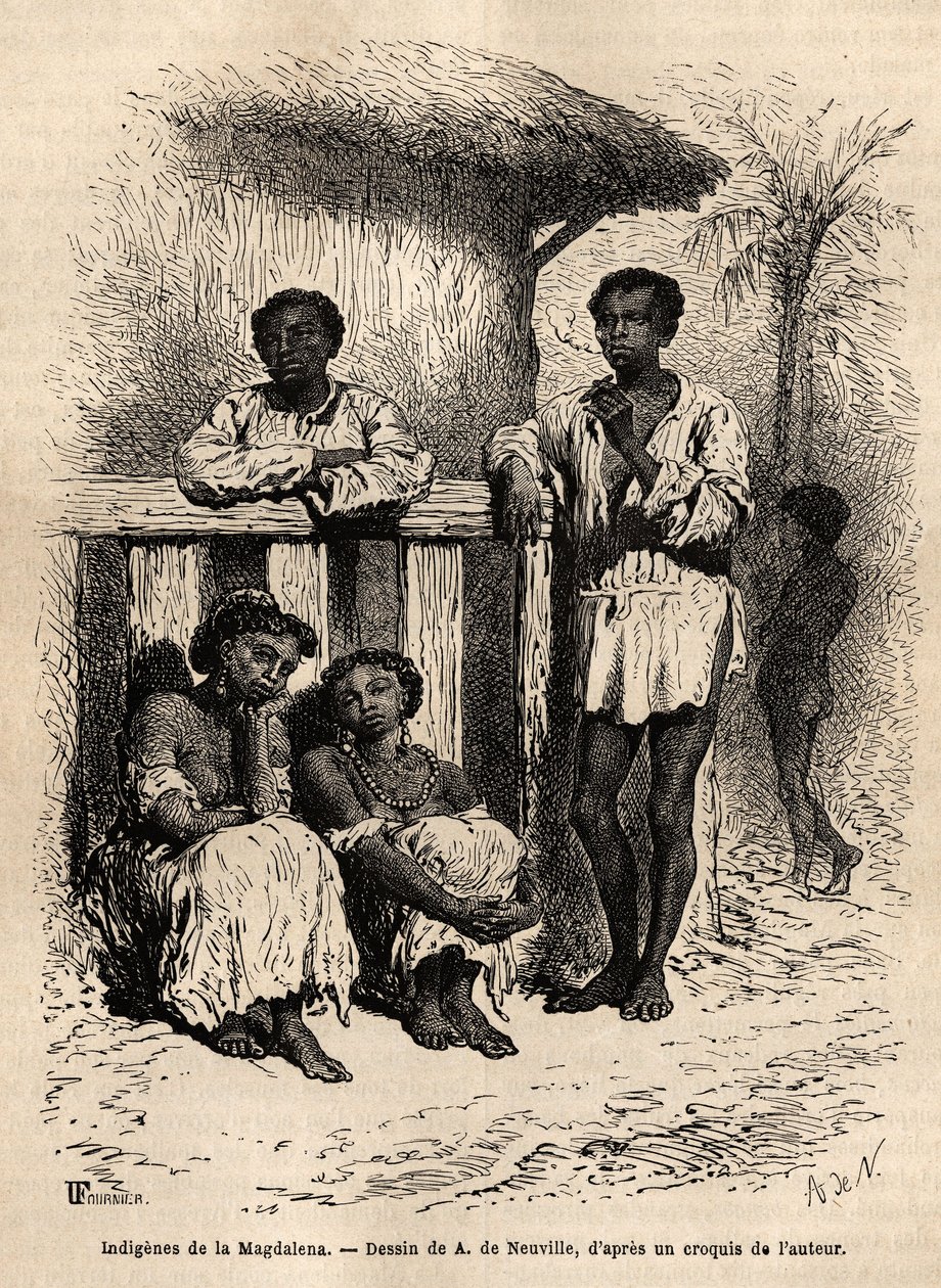 Ursprungsbefolkningen i Magdalena (floderna), på gatorna i staden Mompox (Colombia). Gravyr för att illustrera resan till New Granada, av Dr. Saffray, 1869, publicerad i "" Le tour du monde""" 1872, redigerad av Edouard Charton, upplaga Hachette, av Unknown artist