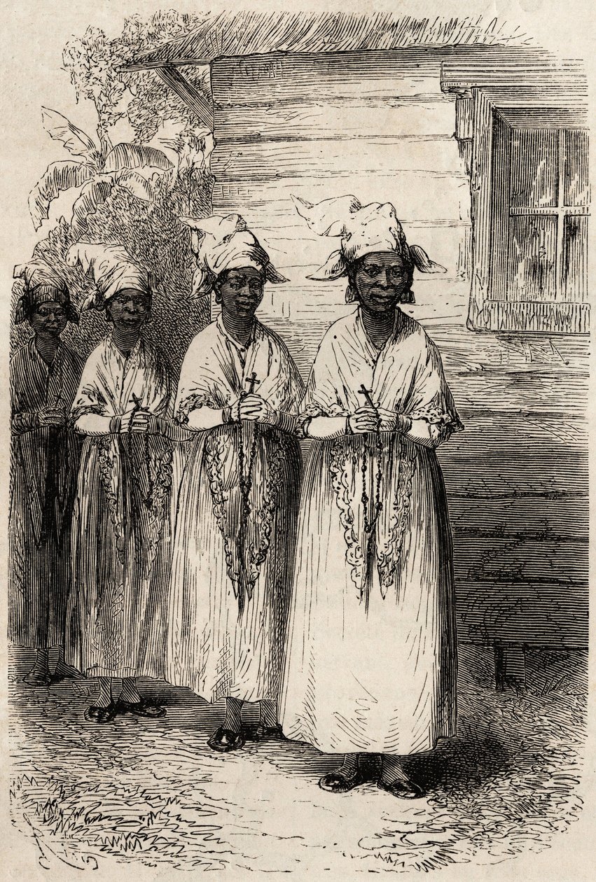 Ursprungskvinnor i Guyana, vid den katolska processionen av Fete Dieu. Gravyr för att illustrera resan i Franska Guyana 1862-1863, av Frederic Bouyer, kapten på fregatt, i "" Le tour du monde, nouveau journal des voyages", publicerad under dir. av Unknown artist