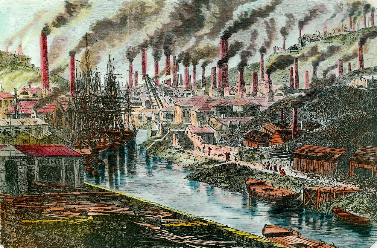 Industriell revolution: Översikt över Mr Vivians kopparfabrik i Swansea, Wales. Gravyr av 1800-talet. Privat samling. av Unknown artist