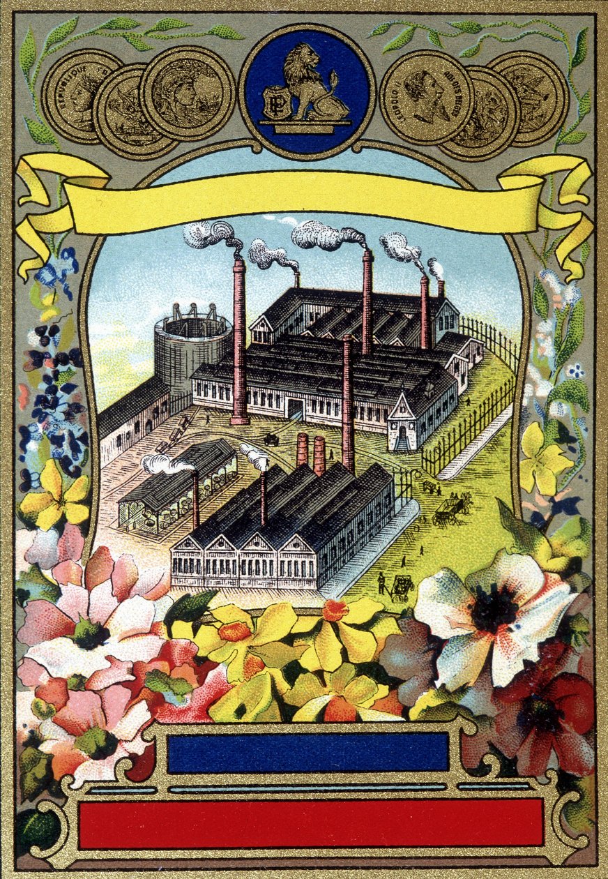 Industrialisering: Flygbild av en fabrik. Kromolitografi från slutet av 1800-talet. av Unknown artist