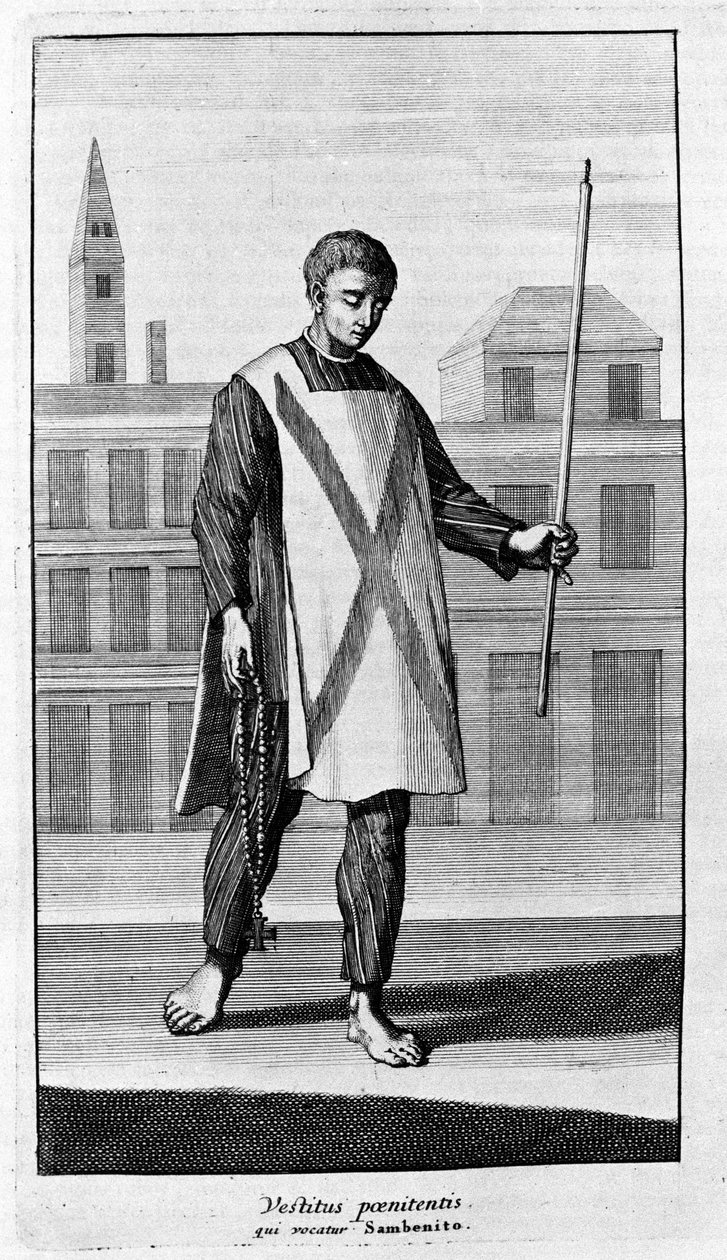 Inkvisition. Kläder från San Benito för processionen av Autodafé. Gravyr från "Inkvisitionens historia", Amsterdam 1692. av Unknown artist
