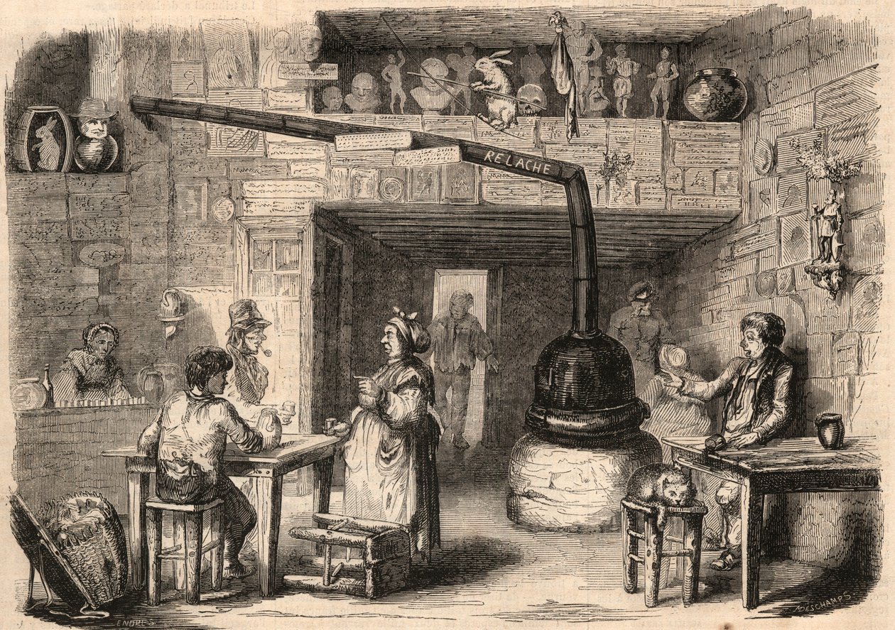 Inne i kabarén le Lapin Blanc (Kanin-Blanc), rue aux feves i Paris innan dess rivning. En krog med anor från monarkins första tid. Gravyr I "" Le Monde illustrious"" från 1862. Privat samling. av Unknown artist