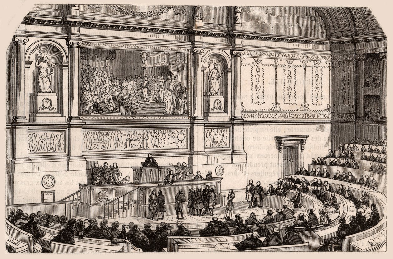 Inifrån av nationalförsamlingen vid en session i deputeradekammaren, Paris, Frankrike av Unknown