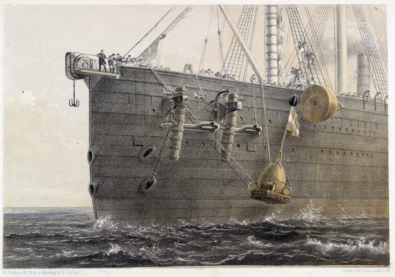 Installation av undervattenskabel 1858 (landmärkesboj) - i W. H. Russels "The Atlantic telegraph", cirka 1860 av Unknown artist