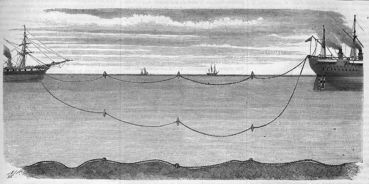 Installation av den transatlantiska elkabeln avsedd att ansluta Europa till Amerika 1865. Bojsystem användes för att förhindra att elkabeln går sönder under installationen. Fartyget som ansvarade för operationen var Great Eastern. Gravyr från 1865 av Unknown artist