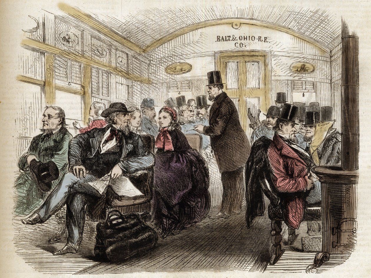 Interiör av en vagn på Baltimore & Ohio Railroad, USA - 1861 - interiör av en amerikansk vagn 1860 av Unknown artist