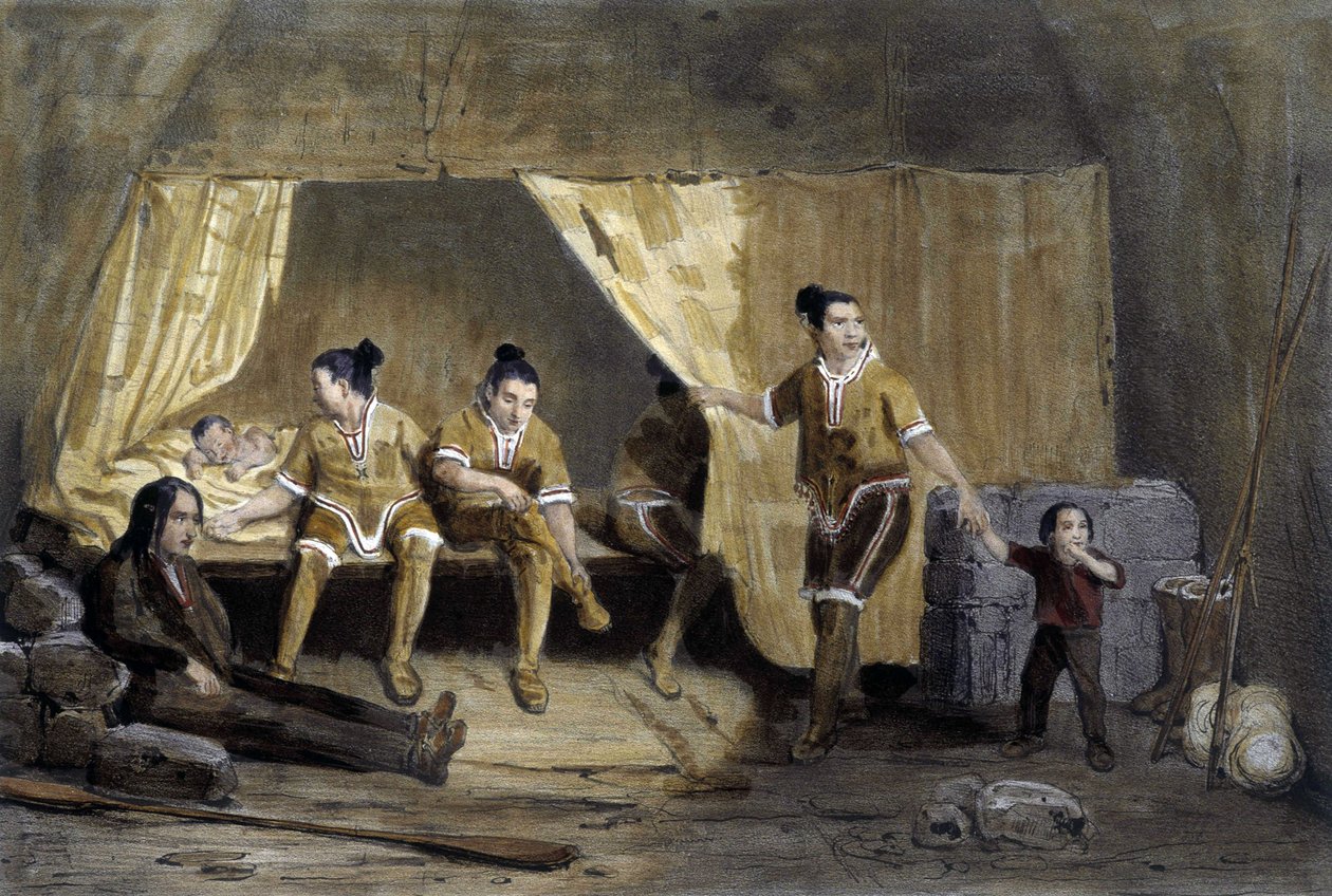 Interiör av en eskimolåda, Frederikshaab, Grönland - litografi av Unknown artist