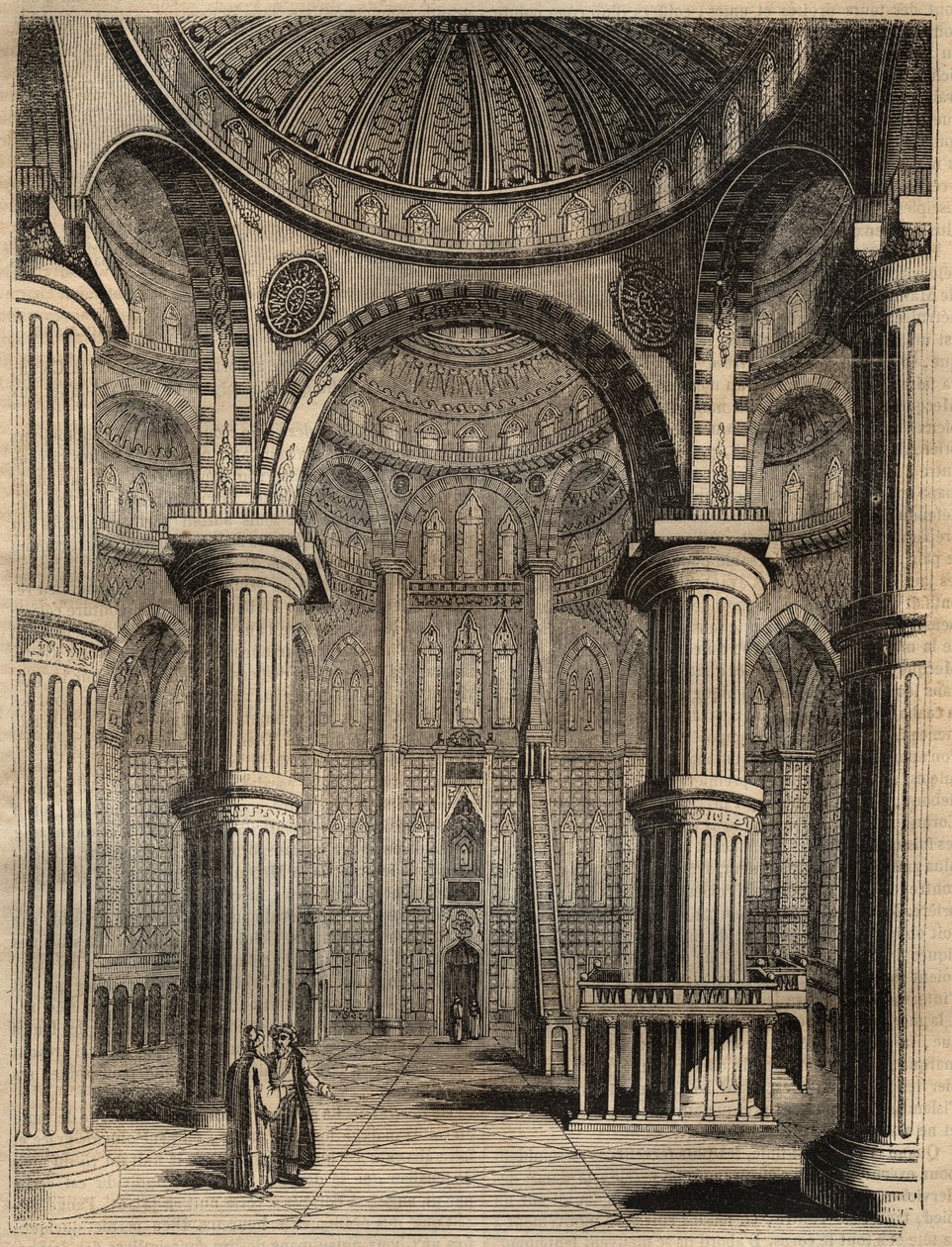 Interiör av Blå moskén, Istanbul, Turkiet - 1838 - gravyr - av Unknown artist