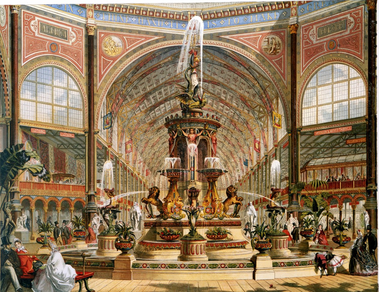 Interiör av Crystal Palace under den internationella utställningen 1862. Majolicafontän av Minton. Kromolitografi. av Unknown artist
