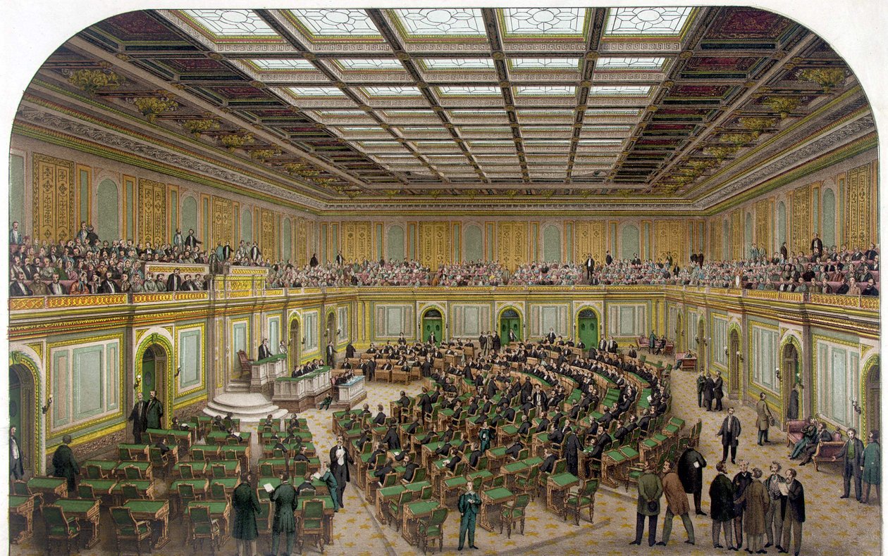 Interiörvy av representanthuset i US Capitol som visar kongressen i session och åskådarna i galleriet - Gravyr 1866. av Unknown artist