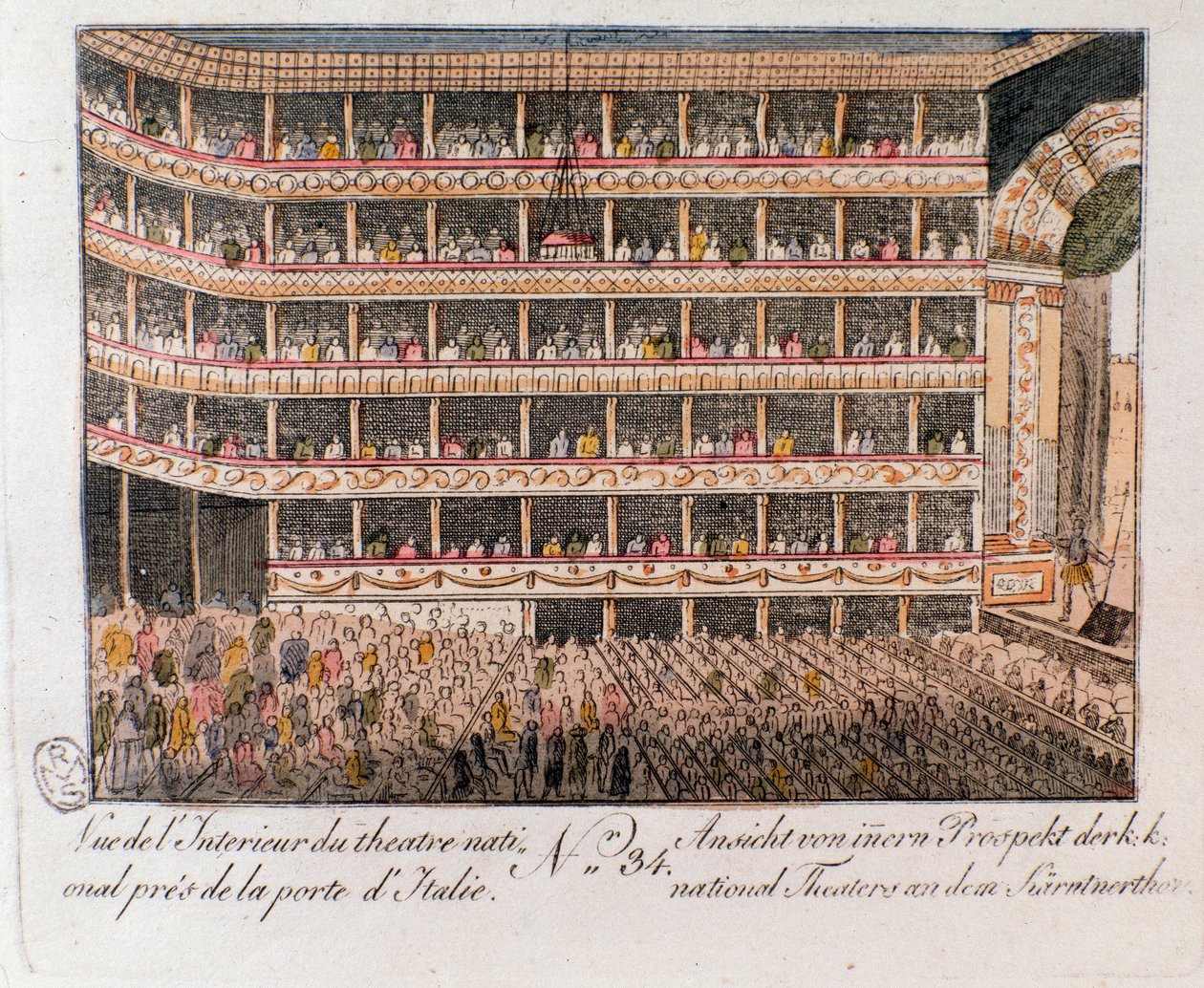 Interiörvy av nationalteatern nära den italienska porten i Wien, Österrike. (Interiörvy av Nationalteatern, Wien, Österrike) gravyren från 1815 års privatsamling av Unknown artist
