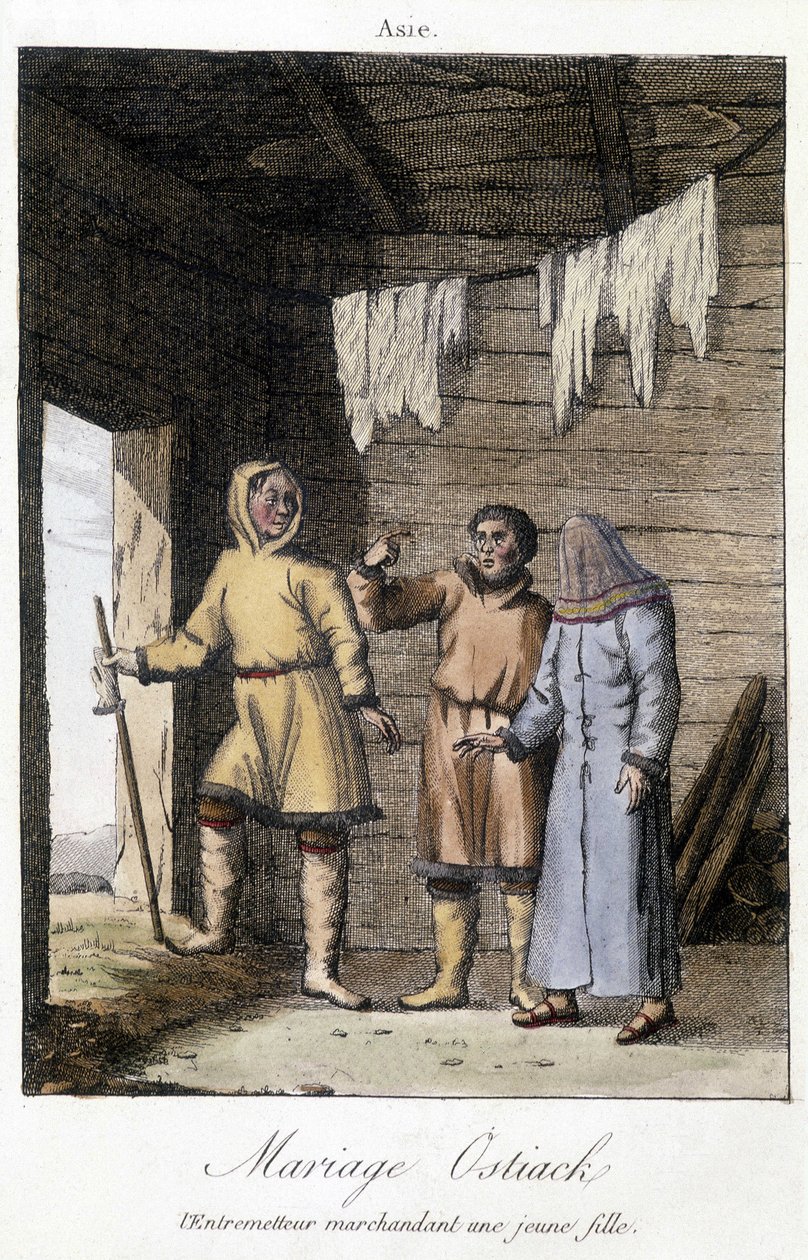Förmedlare som prutar en ung flicka för ett bröllop Ostiak (Khanty eller Khante) (paleosibirisk jägarestam etablerad i skogsområdet i den mellersta Ob-dalen). av Unknown artist