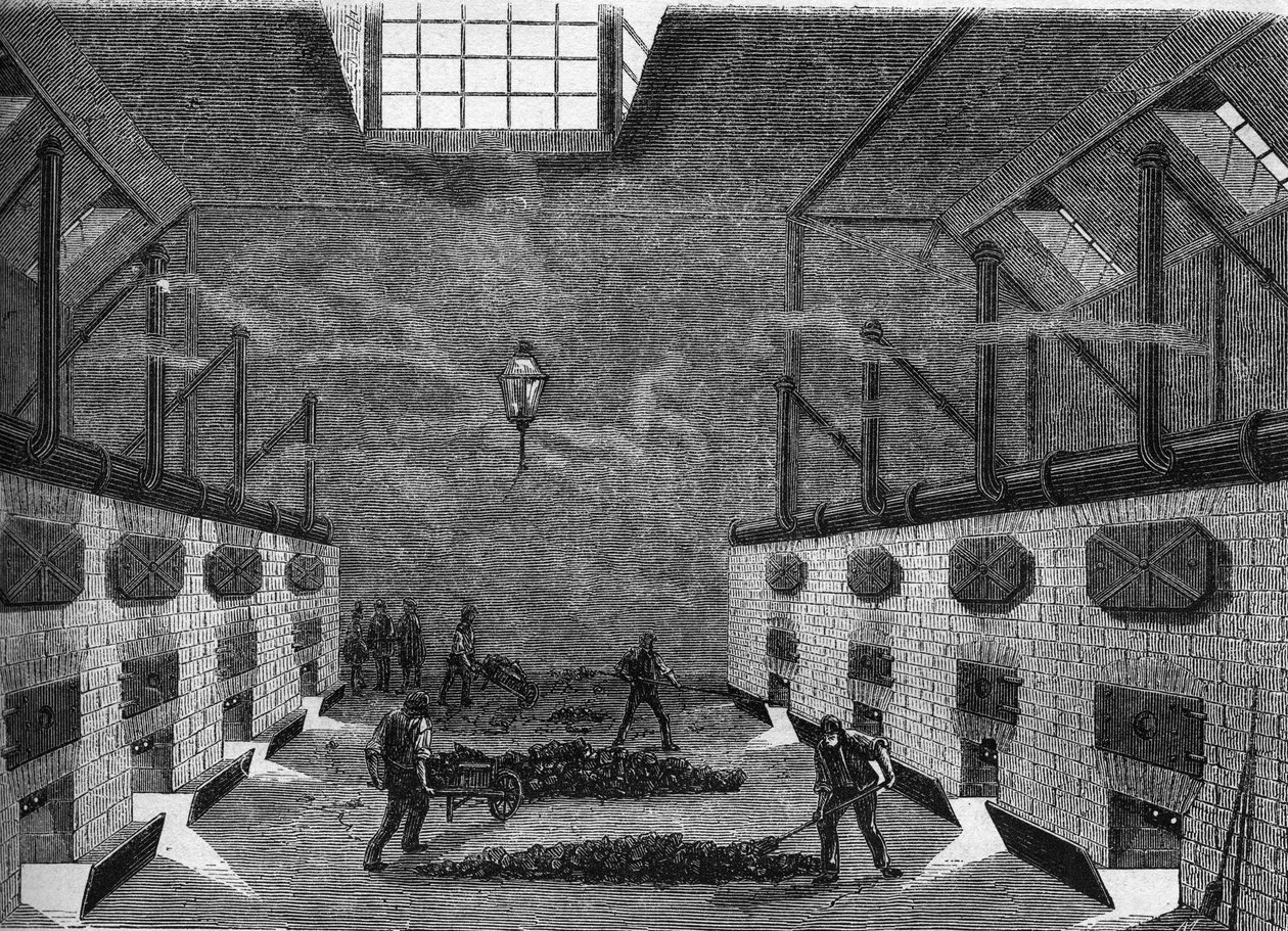 Invändig vy av en gasfabrik. Gravyr från 1860-1861. av Unknown artist