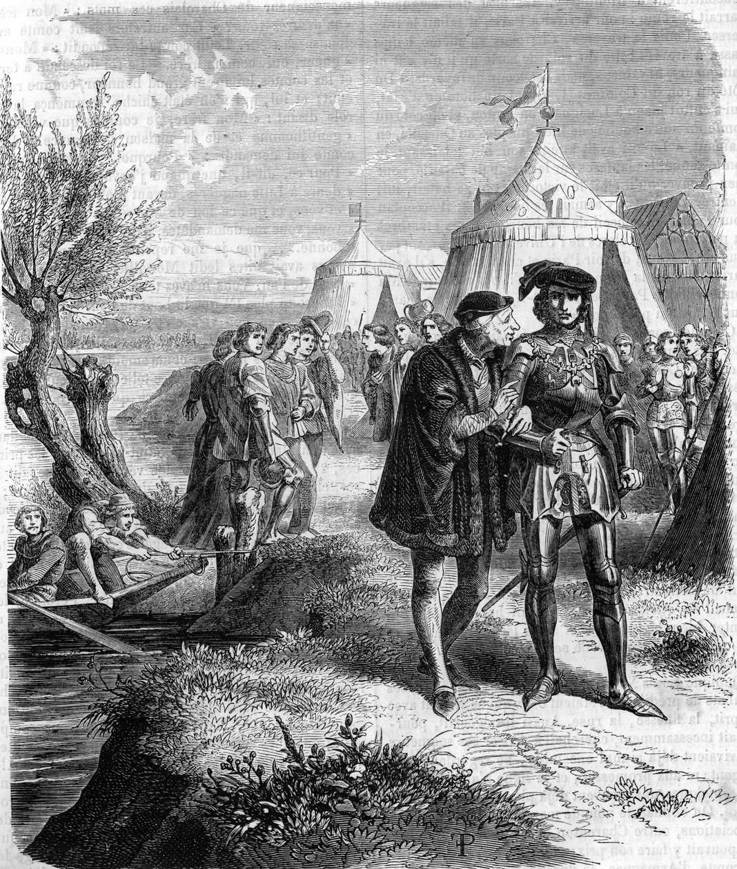 Intervju mellan kung Ludvig XI och greven av Charolais (Karl Temeraire, hertig av Bourgogne (1433-1477) i september 1465. Gravyr från 1800-talet. av Unknown artist