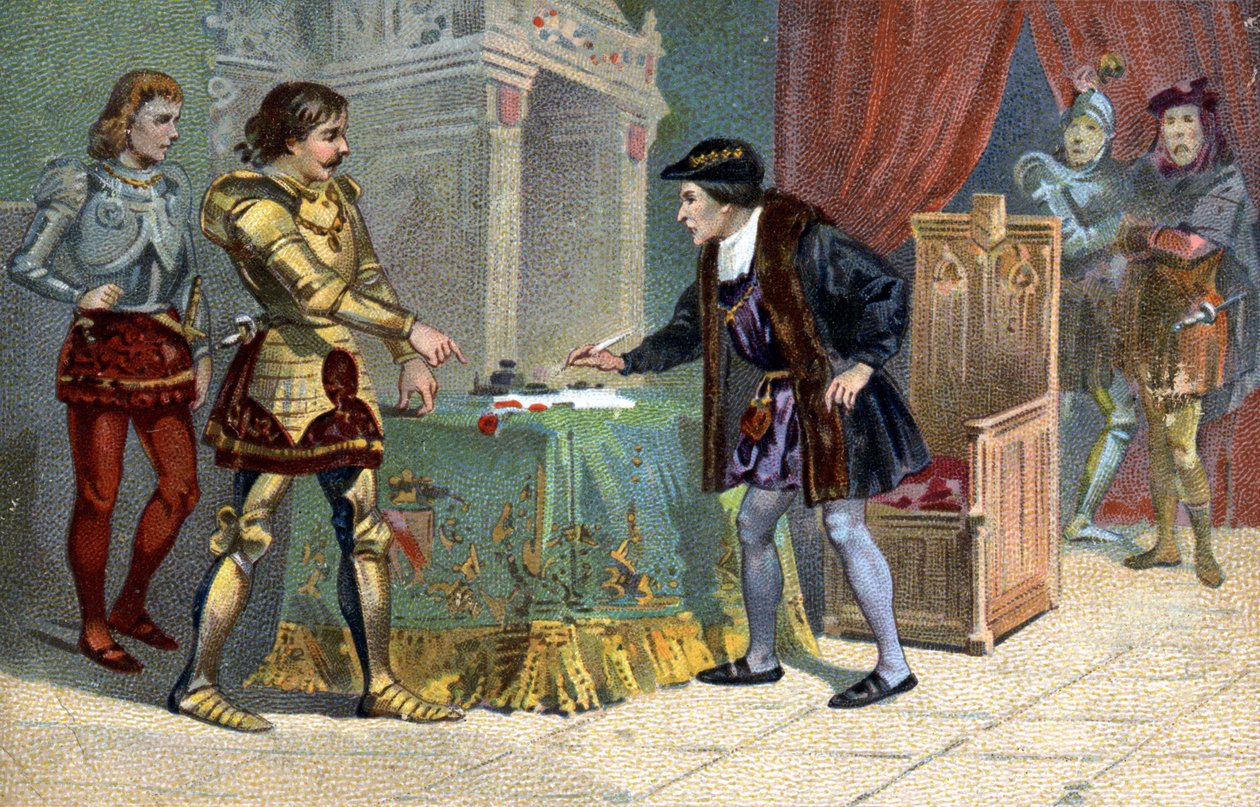 Intervju av Ludvig XI (1423-1483), kung av Frankrike och Karl den Djärve, hertig av Bourgogne, till Peronne i oktober 1468. Liebig kromolitografi av 1800-talet av Unknown artist