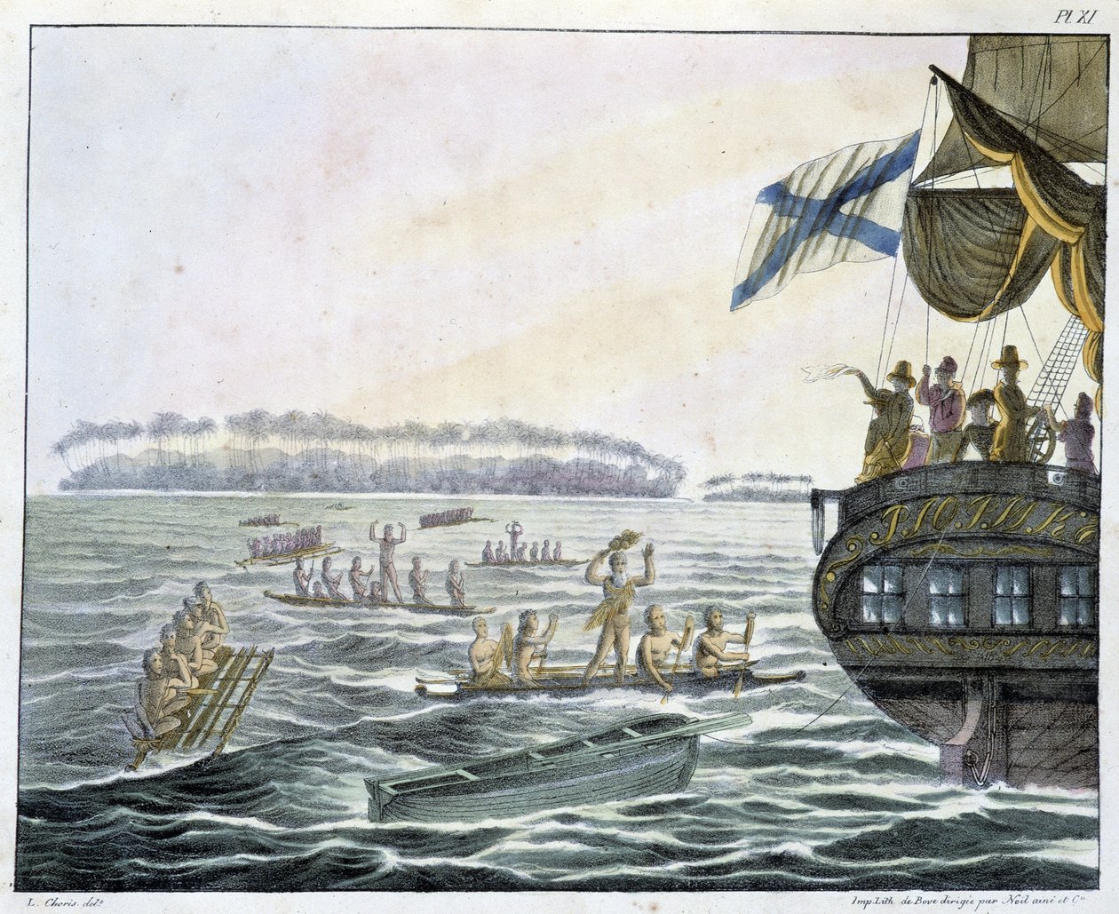 Intervju med invånarna på Penrhynöarna i "" Views and Landscapes of the Equinox Regions, Collected in a travel around the world"", sd. tidigt 1800-tal av Unknown artist