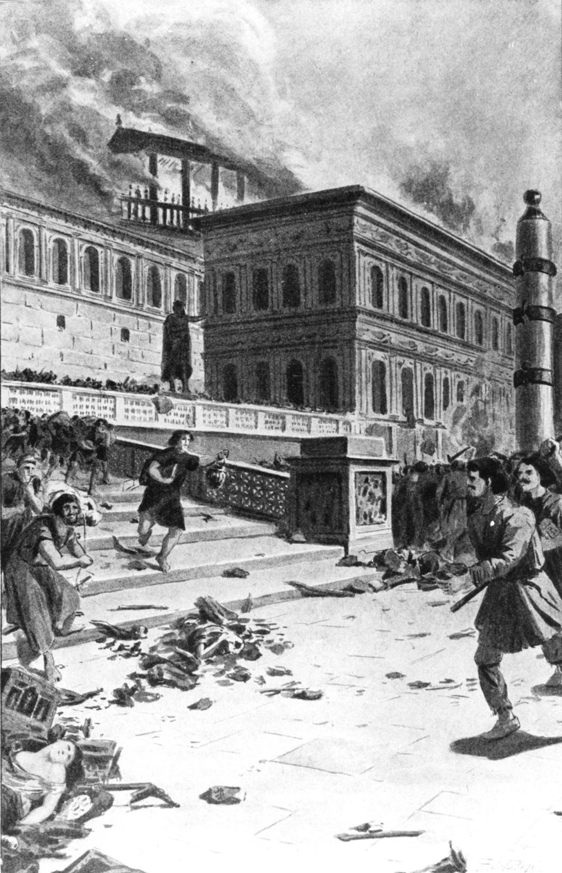 Invasion och plundring av Rom av Alarik I, visigoternas kung, 410 (Sac of Rome). Gravyr 1800-talet. av Unknown artist