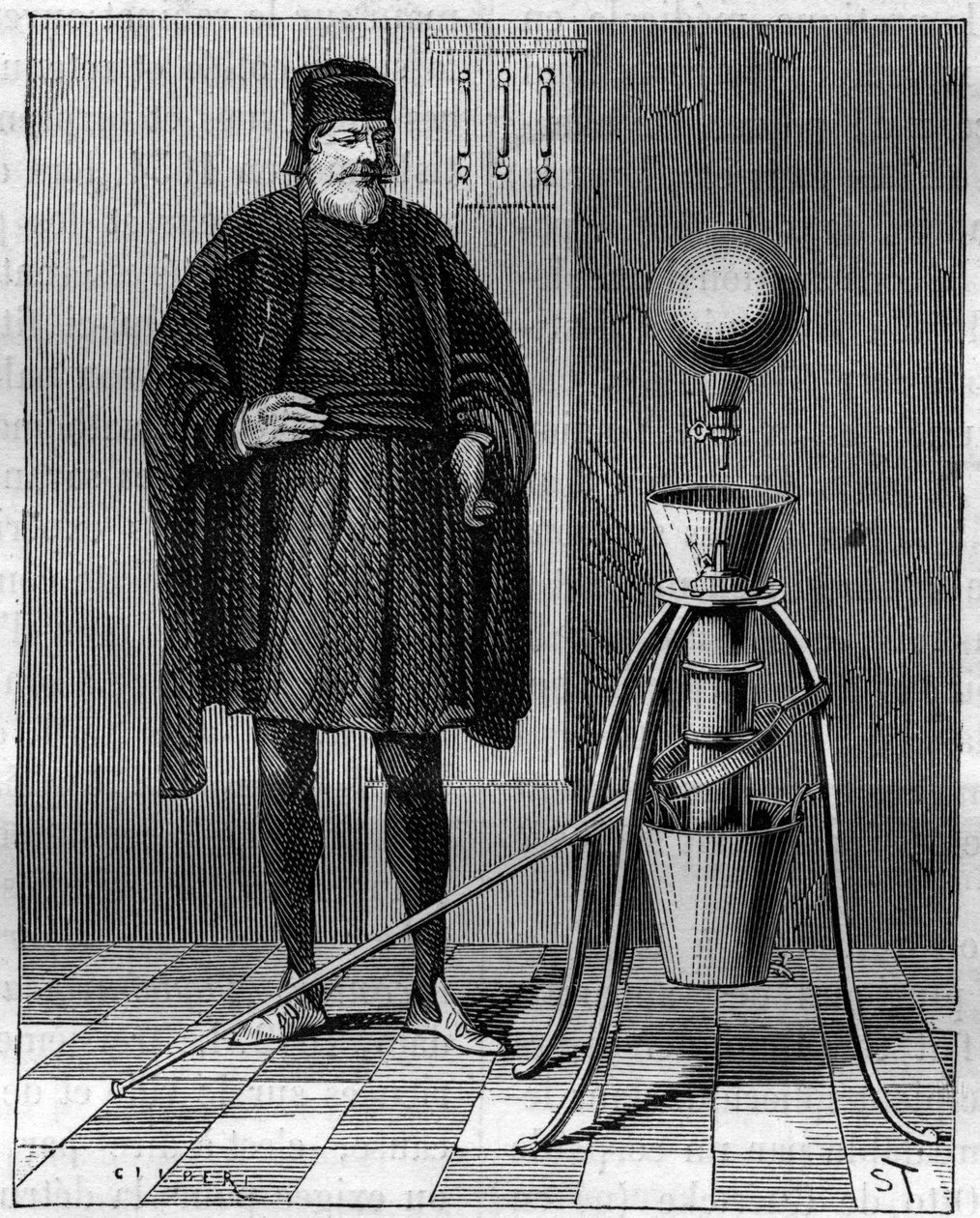 Uppfinning: Pneumatisk maskin av Otto de Guericke (Otto de Guericke) (1602-1686), tysk uppfinnare. Gravyr i "La Nature" av Unknown artist