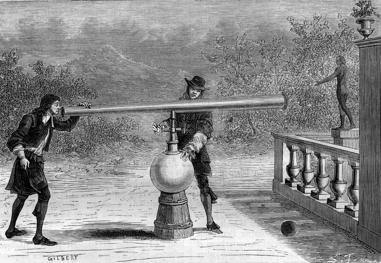 Uppfinning: Sarbacan eller pneumatisk pistol av Otto von Guericke (Otto de Guericke) (1602-1686), tysk uppfinnare. Gravyr i "La Nature" av Unknown artist